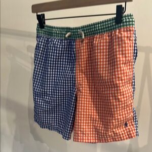 Ralph Lauren Blue and Orange Swim Trunks Vibrant Gingham Design